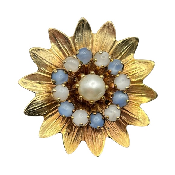 Gold tone blue rhinestone faux pearl flower brooch pin vintage - Picture 1 of 13
